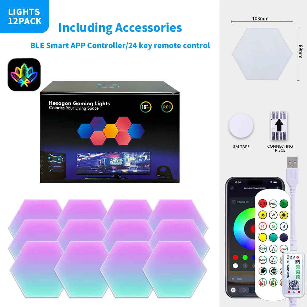 12PCS BT App Color RGB Hexagon Wall Light with App Control and Music Sync