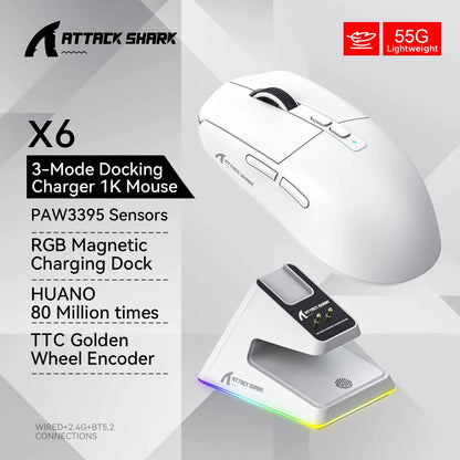 X6 White Color Wireless Gaming Mouse 26000 DPI – Tri-Mode RGB Base