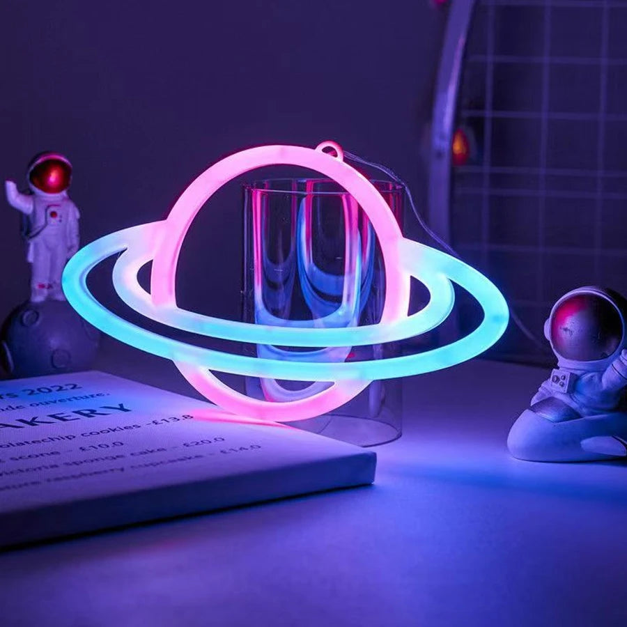 Double Ring Planet Emitting Color LED Letter Neon Night Light – Double-Sided Decorative Sign