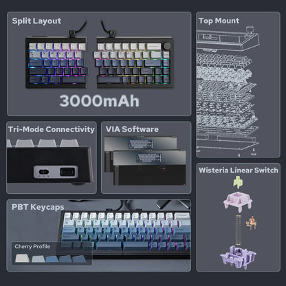 Split Mechanical Keyboard 60% – Wireless Triple-Mode RGB