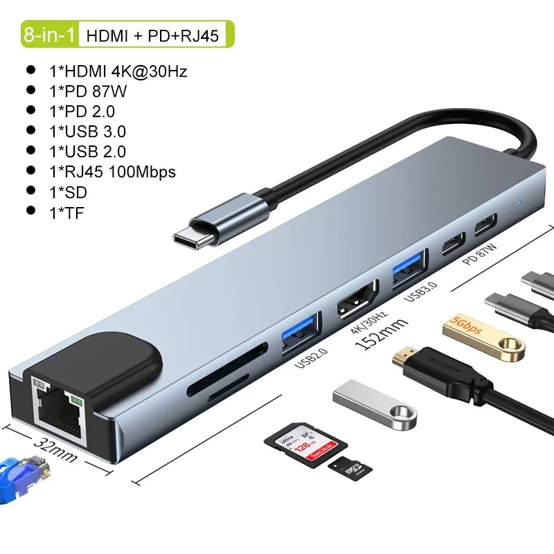 USB-C Hub 8-in-1 Adapter with 4K HDMI and RJ45