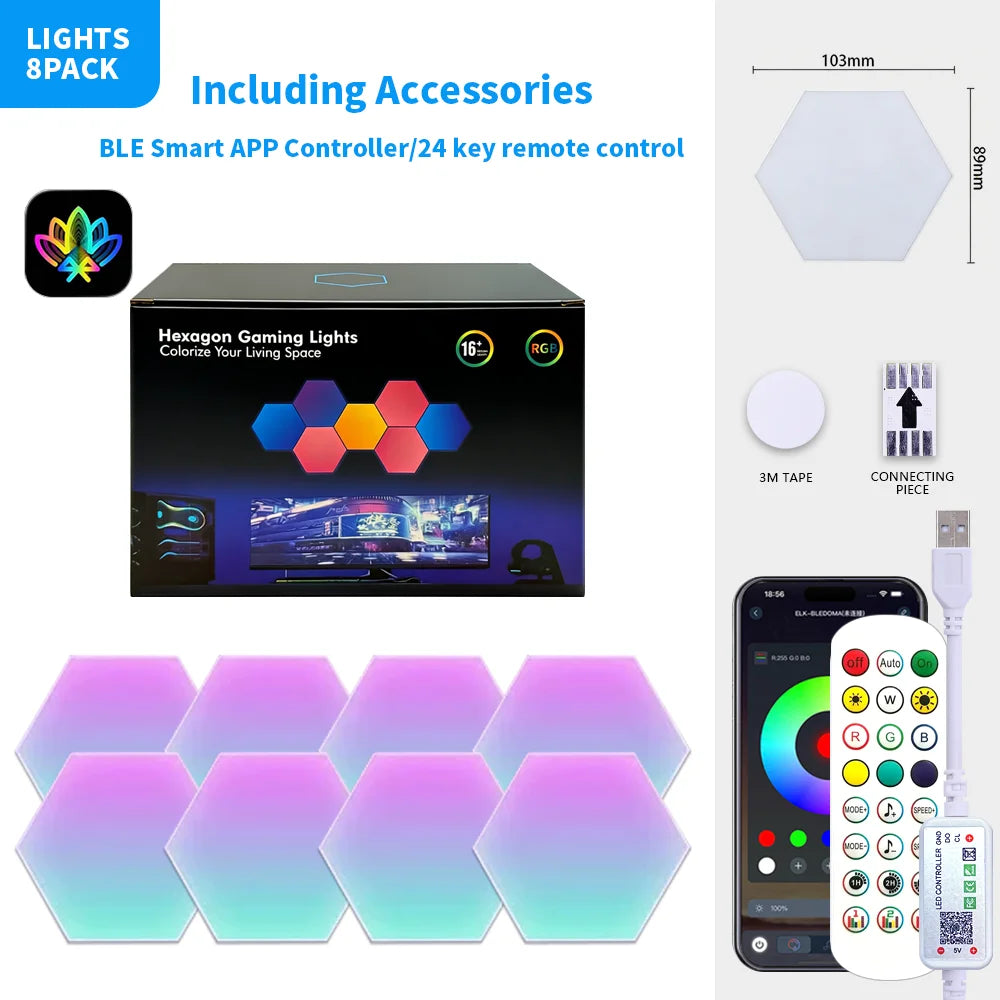 8PCS BT App Color RGB Hexagon Wall Light with App Control and Music Sync