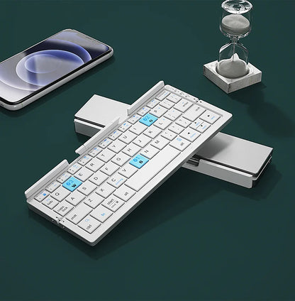 Silver White Color Mini Folding Bluetooth Keyboard With Stand – 3-Device Pairing