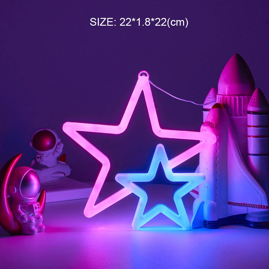 Double Pentagram Emitting Color LED Letter Neon Night Light – Double-Sided Decorative Sign