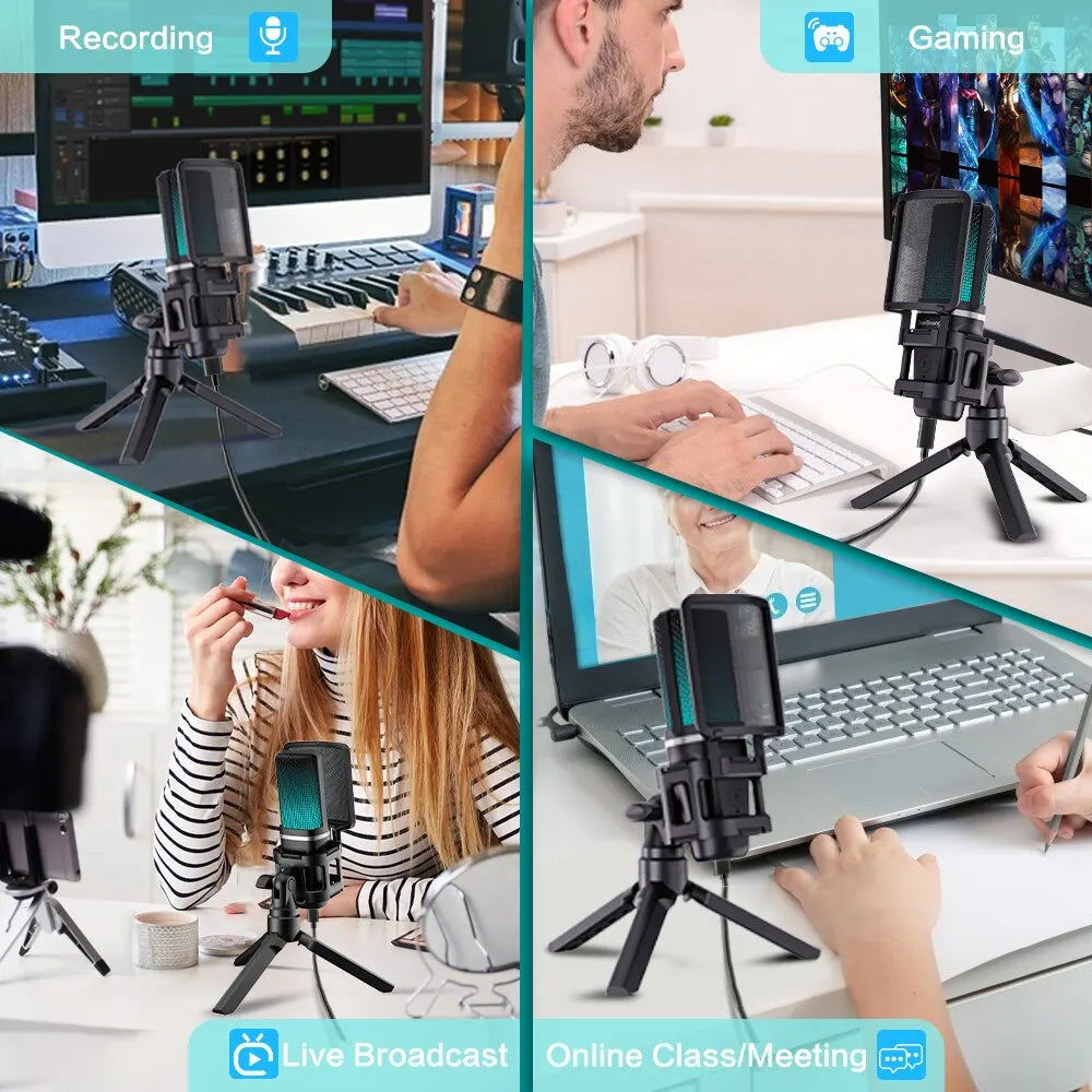 RGB USB Condenser Microphone Kit With Boom Arm & Tripod