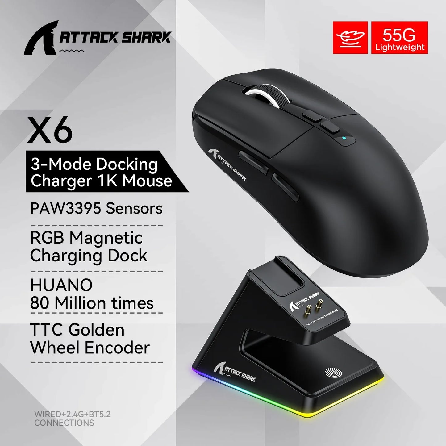 X6 Black Color Wireless Gaming Mouse 26000 DPI – Tri-Mode RGB Base