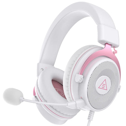White Pink Color Wired Gaming Headset With 50mm Drivers & Detachable Mic