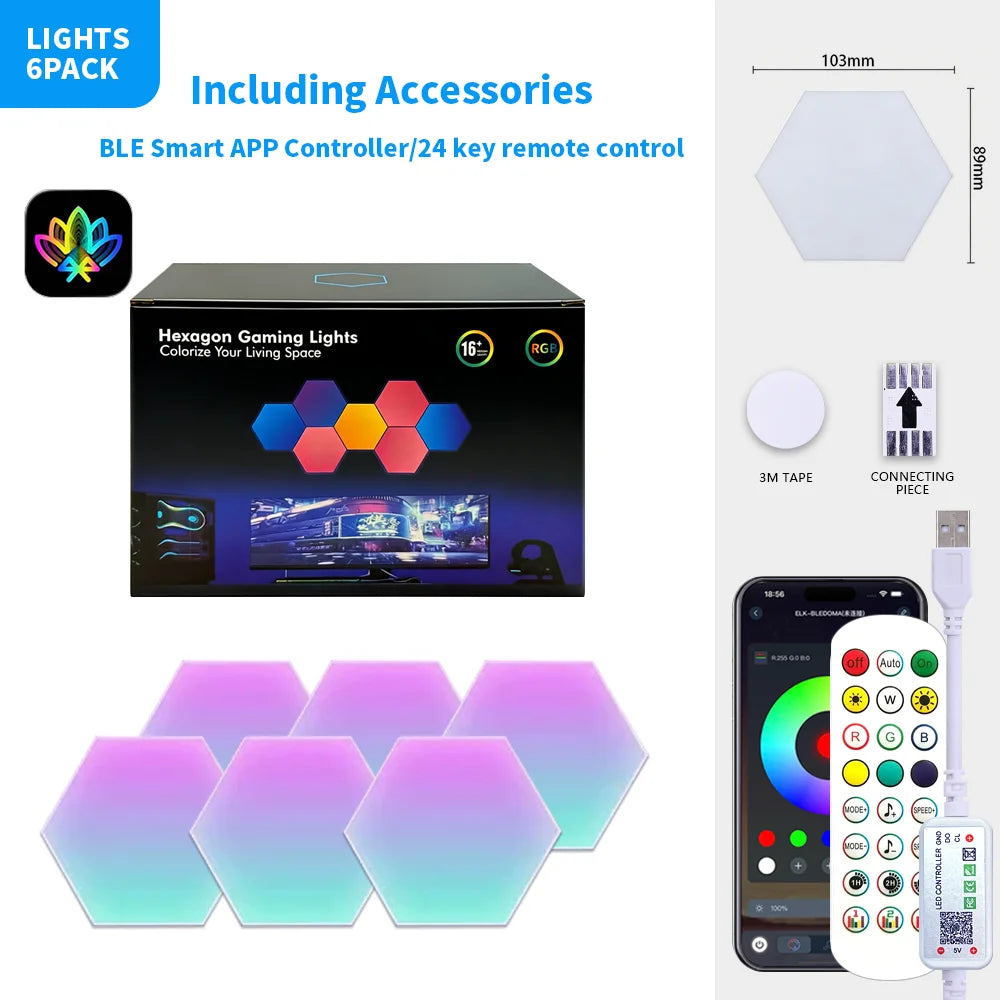 6PCS BT App Color RGB Hexagon Wall Light with App Control and Music Sync