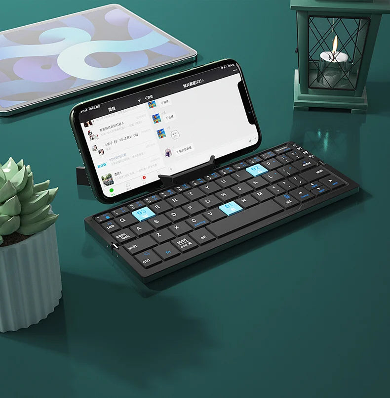 Dark Gray Color Mini Folding Bluetooth Keyboard With Stand – 3-Device Pairing