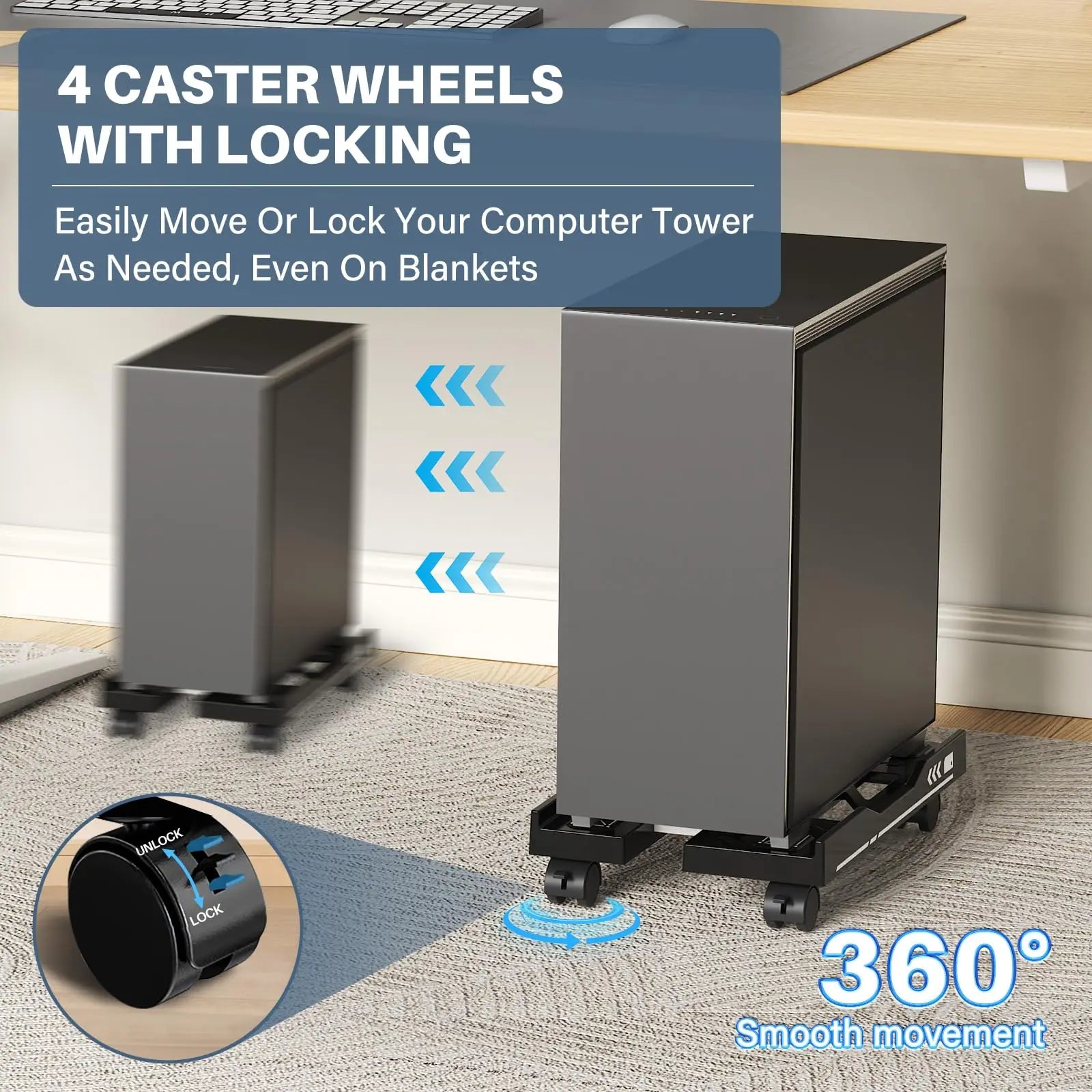 Adjustable Mobile CPU Tower Stand With Locking Wheels